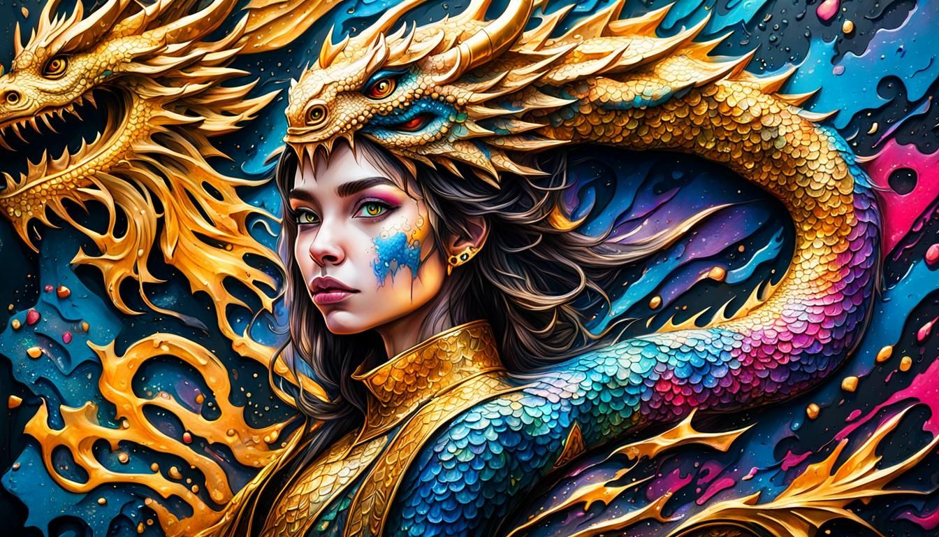 Hyperrealistic Dragon Girl in Graffiti Street Art Style