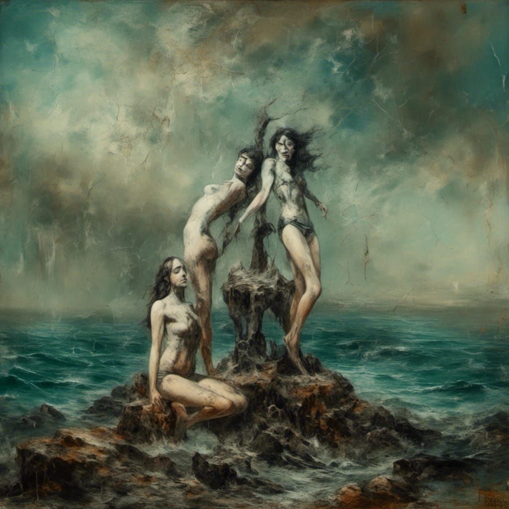 Two Girls on Rock, Surrealist Oil Painting