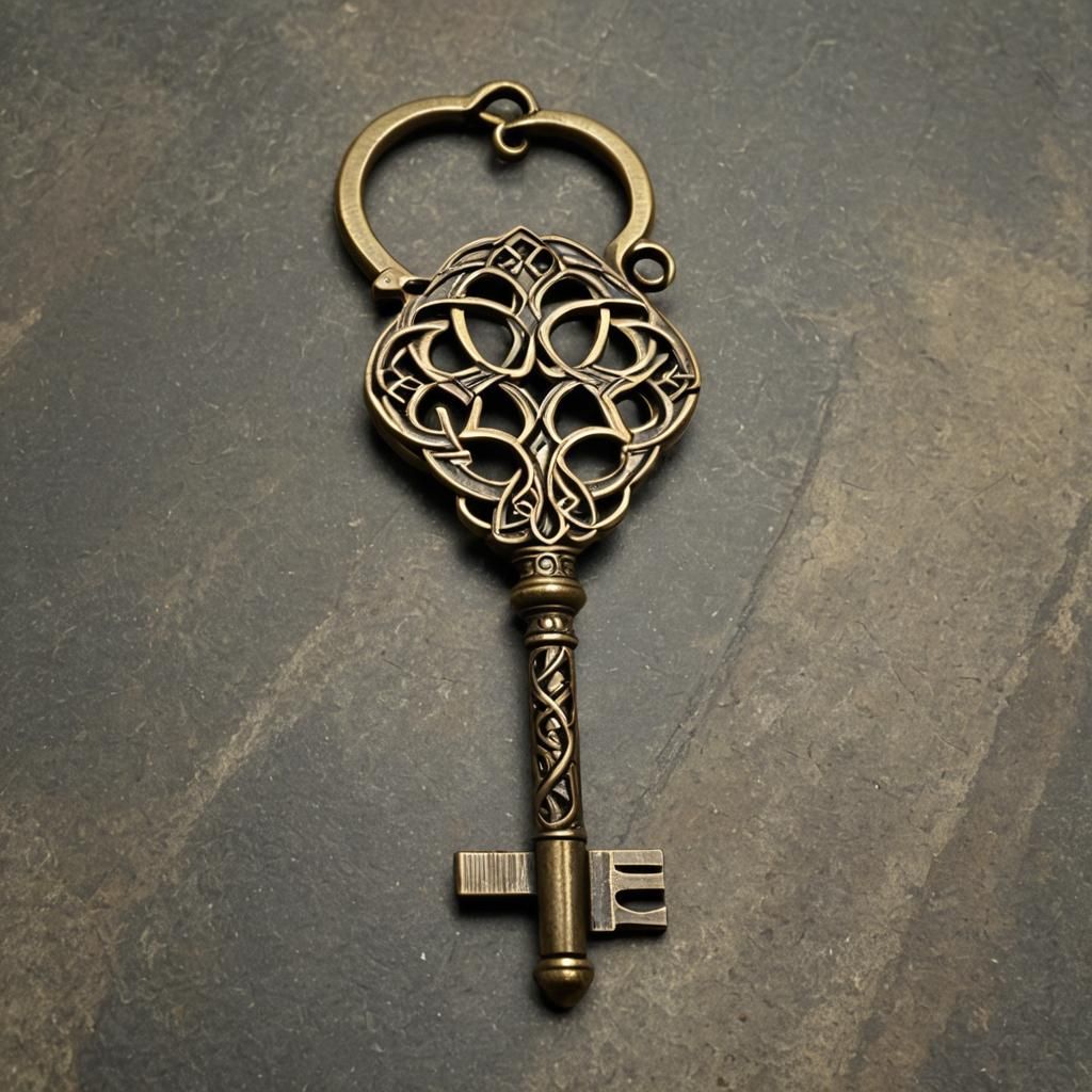 Ornate Bronze Key with Celtic Knot and Gears
