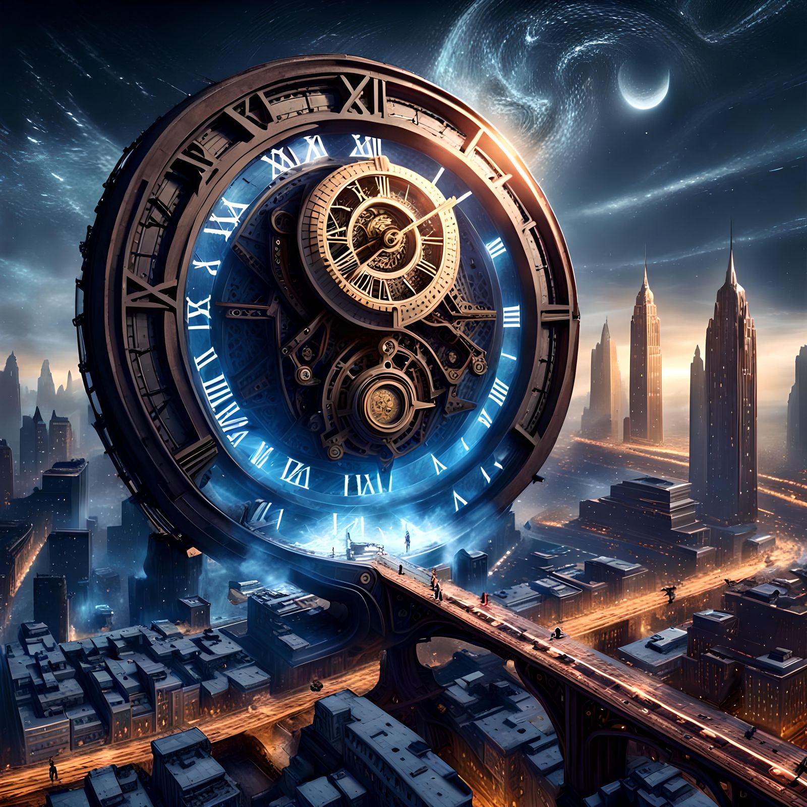 ⚙️⚙️⚙️🔦⛓🕰 giant infinity clock dwarfing the city, detailed...