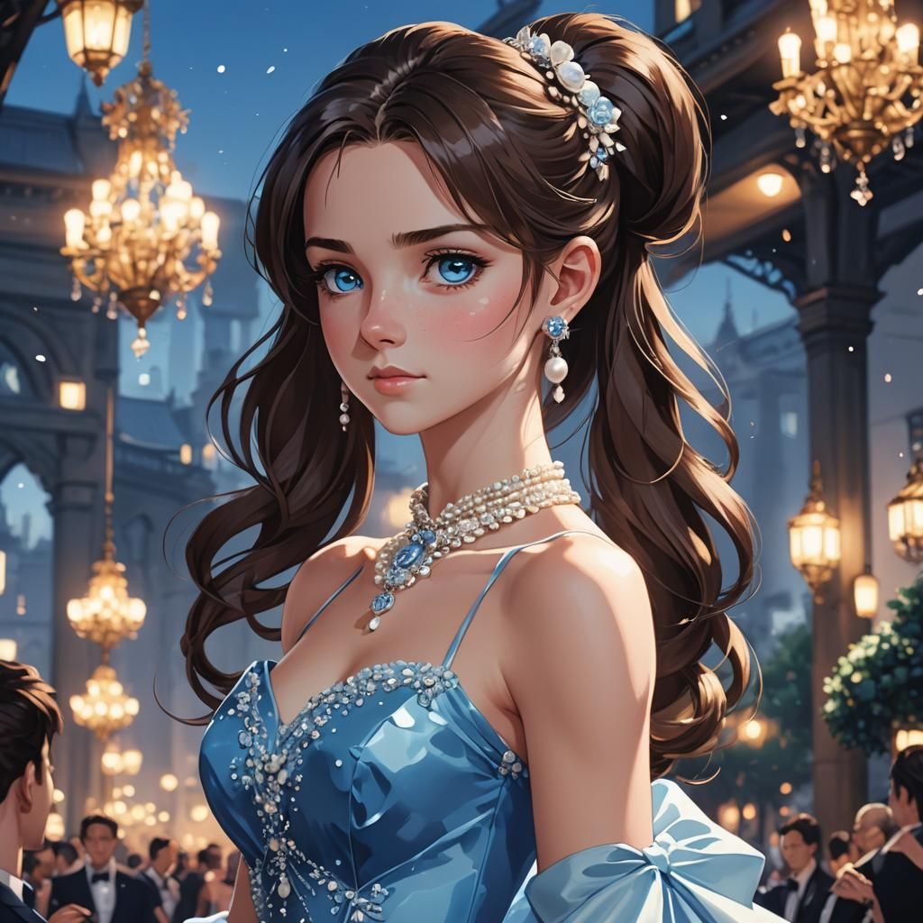Brunette in Blue Dress: Anime Style Artwork