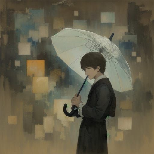 Young Boy Holds Umbrella in Distressed Papier-Mâché Art