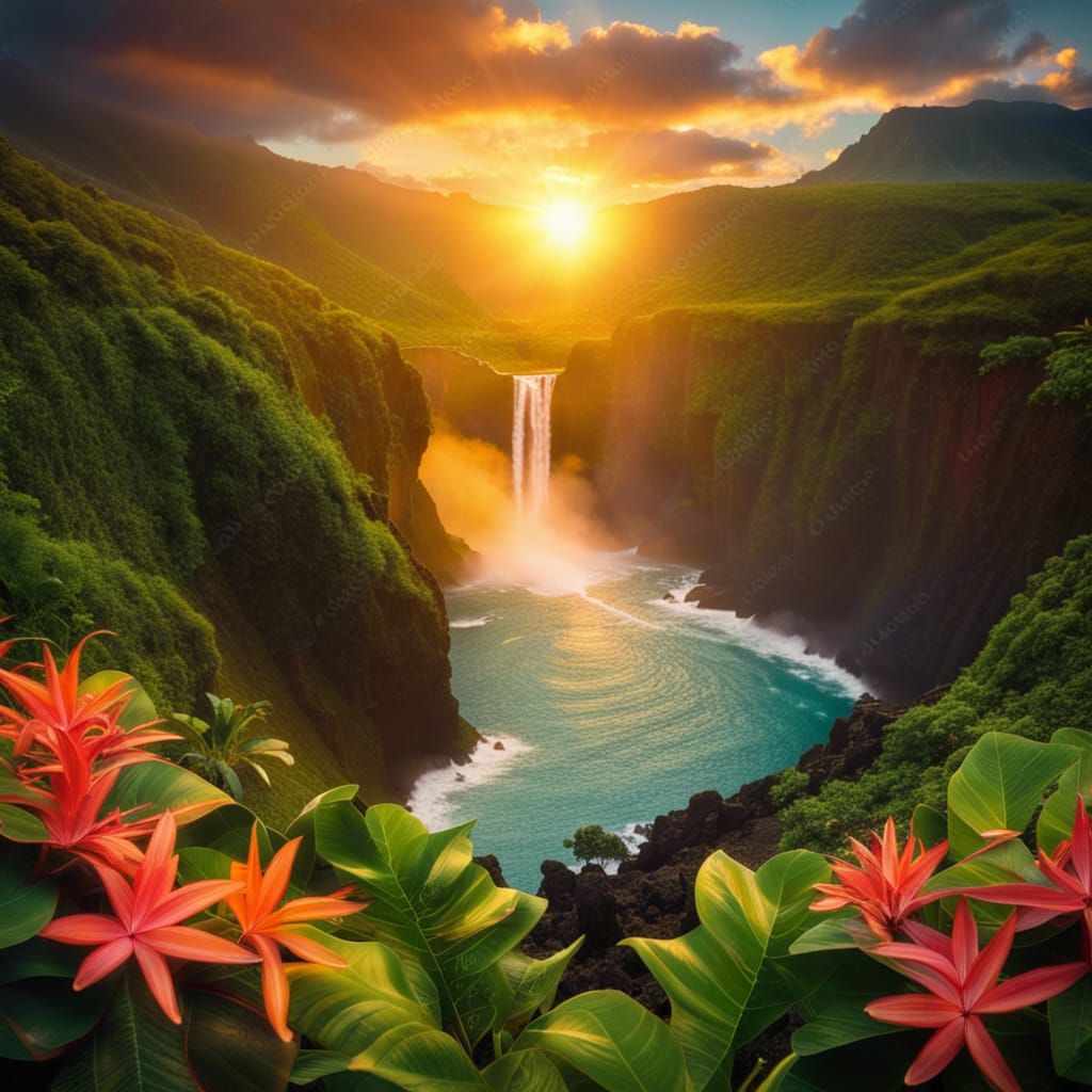 Hawaiian Mountains and Waterfalls at Sunset