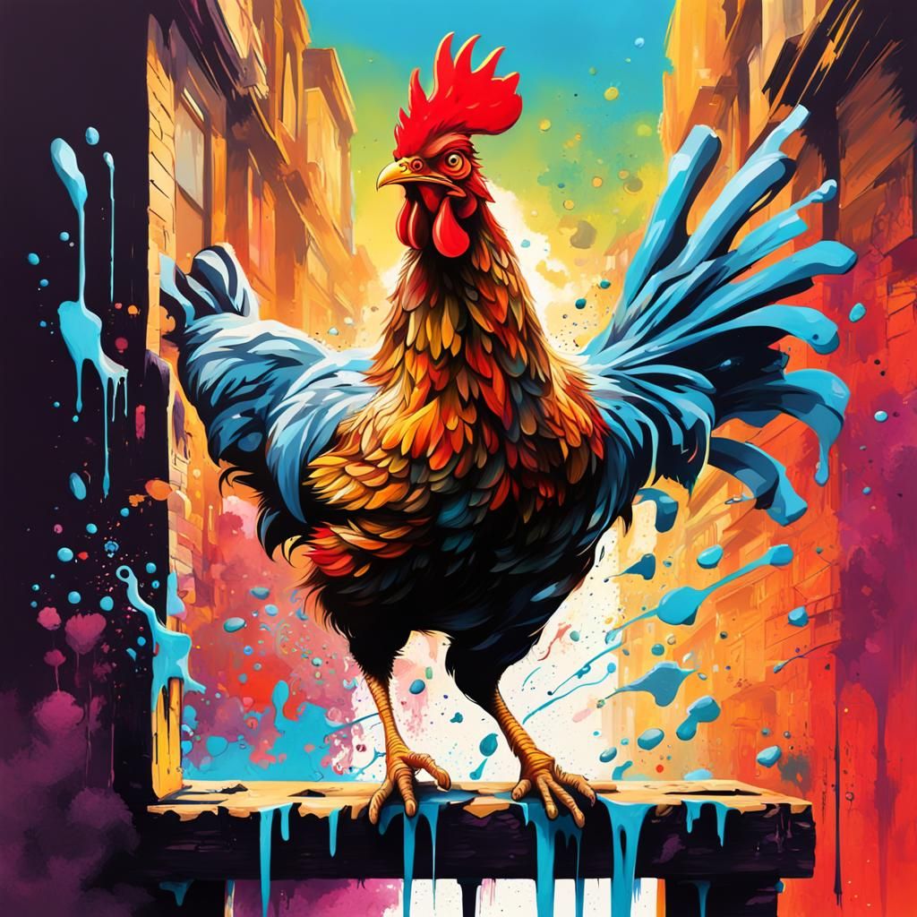 Chicken Escaping Jack the Ripper in Graffiti Art