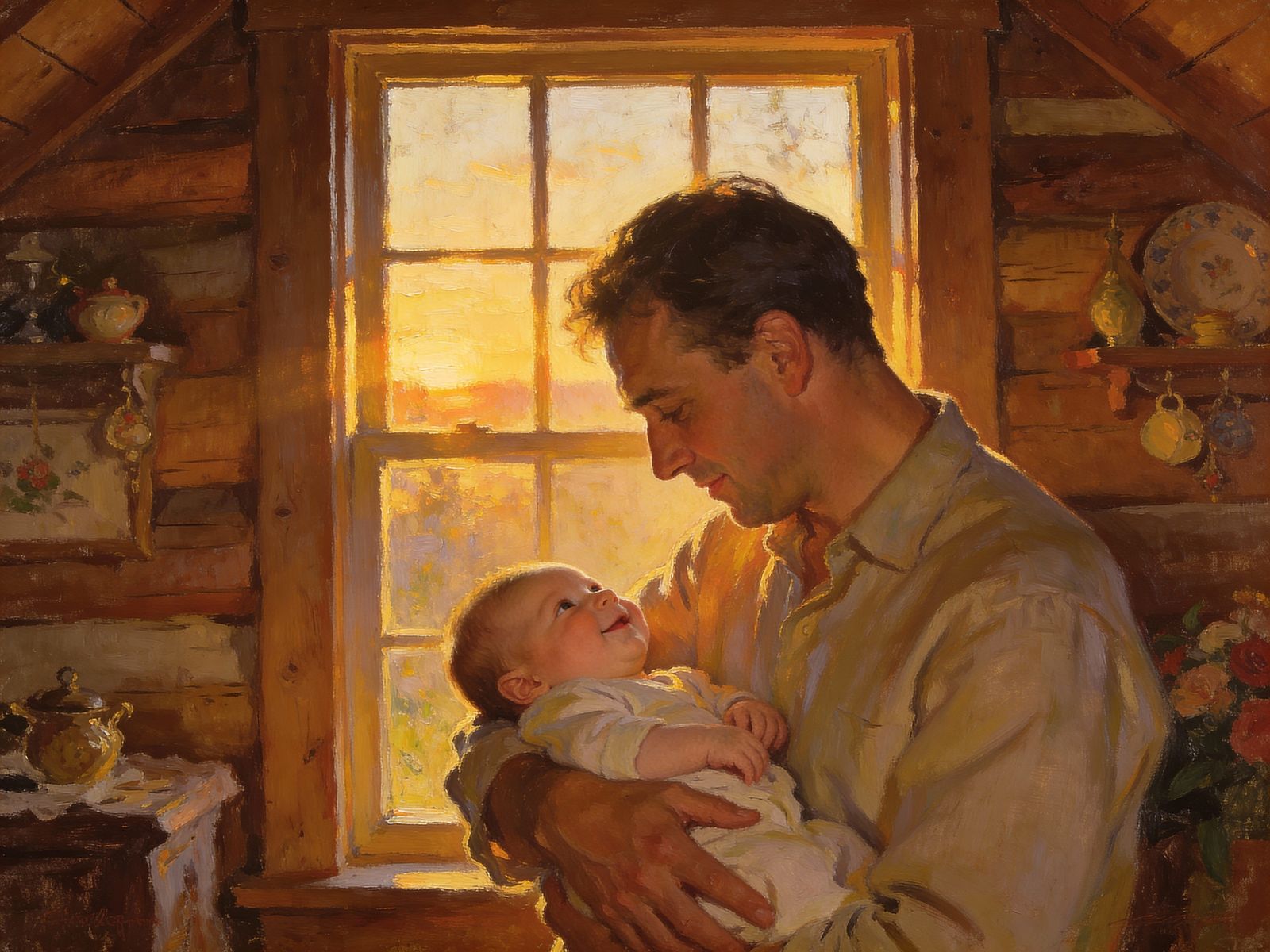 Father and Son Bonding in Rustic Cabin Sunset