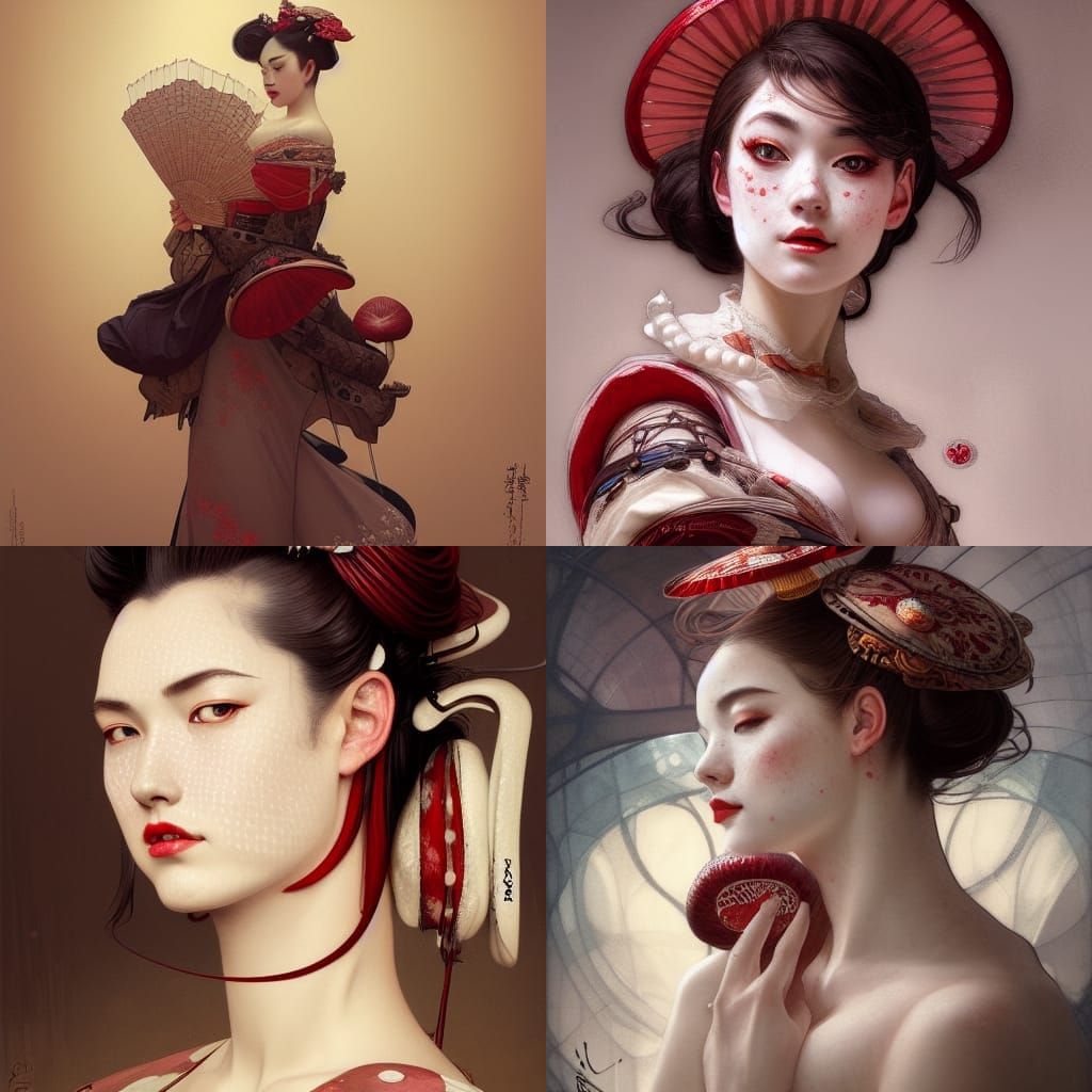 Renaissance Geisha with Mushroom, Hyperdetailed Portrait