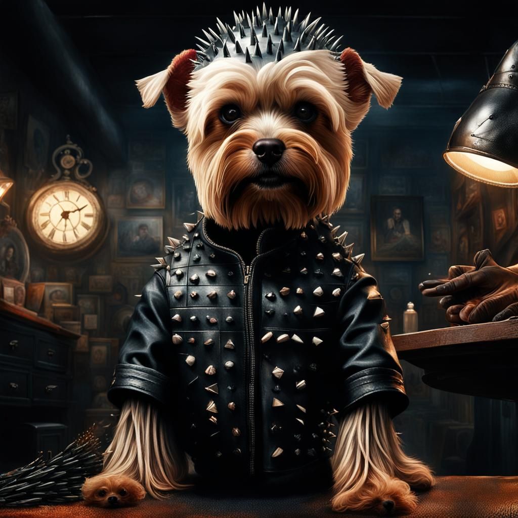 Yorkie "Pinhead", in leather, from the Hellraiser movie, for Halloween