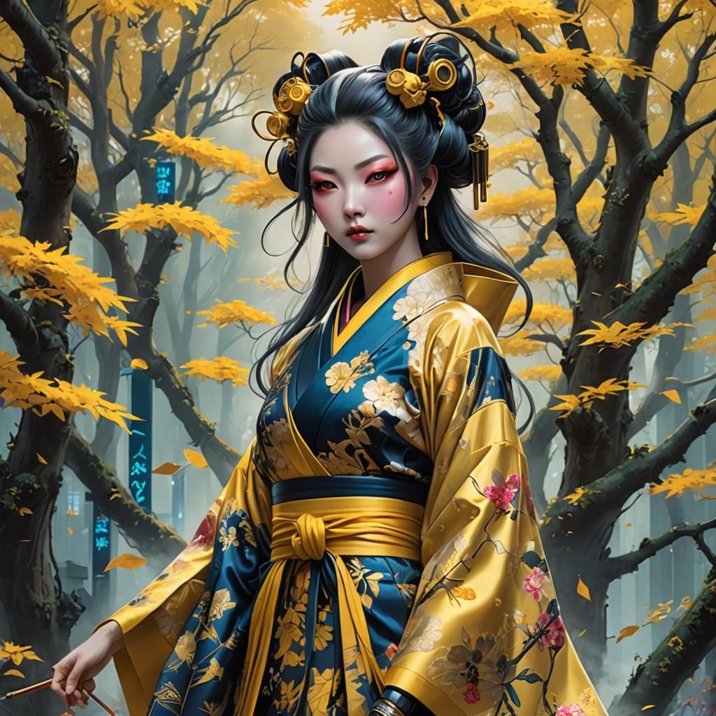 Cyberpunk Oiran in Kyoto Streetwear Style