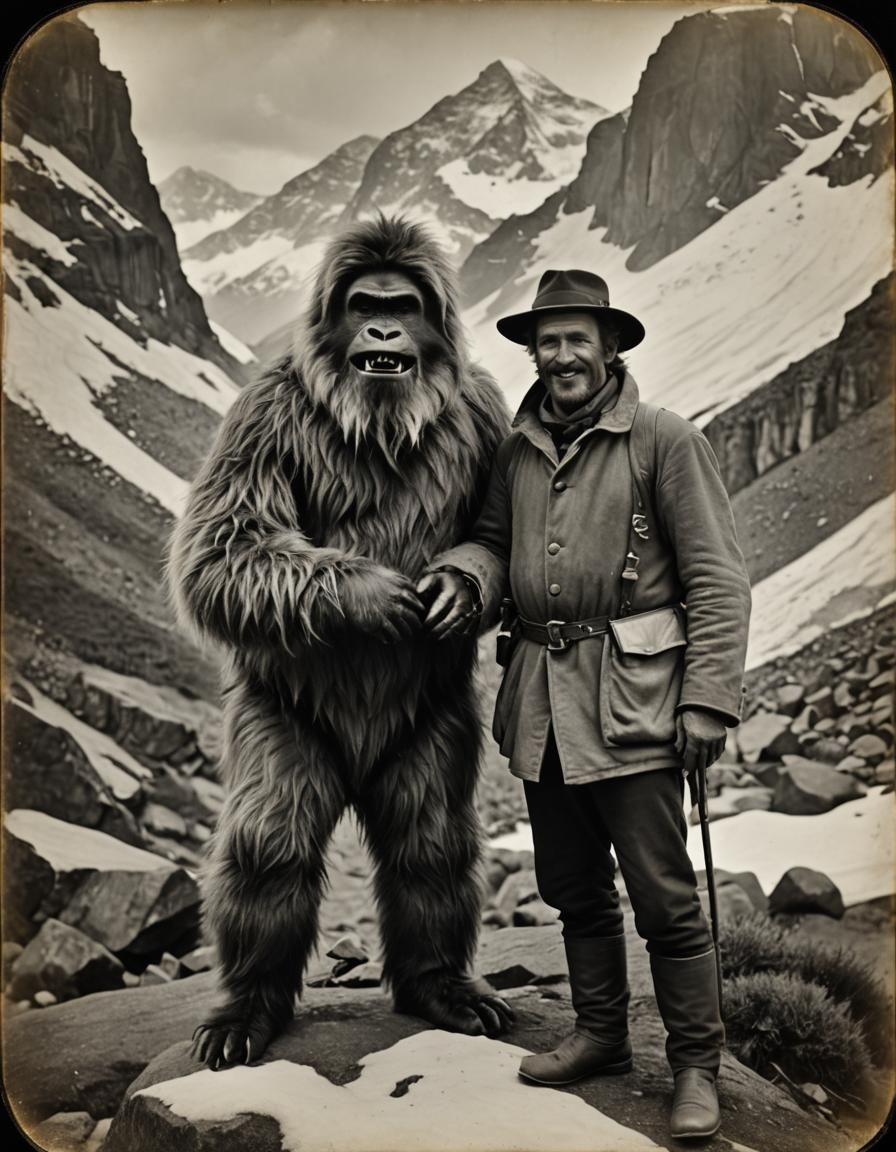 Mountaineer and Yeti: Antique Wet Plate Photograph