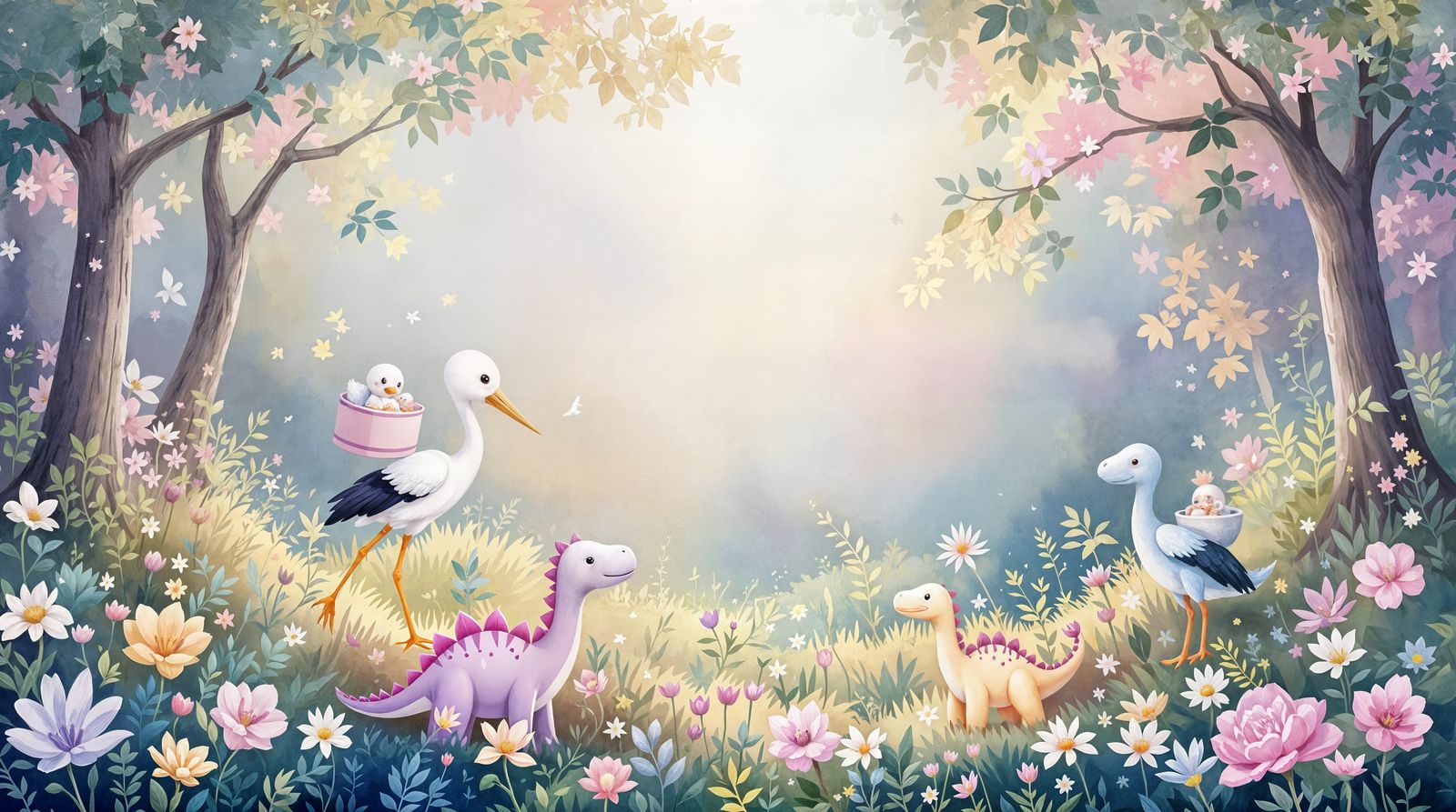 Whimsical Pastel Forest Scene with Baby Dinosaurs and Storks