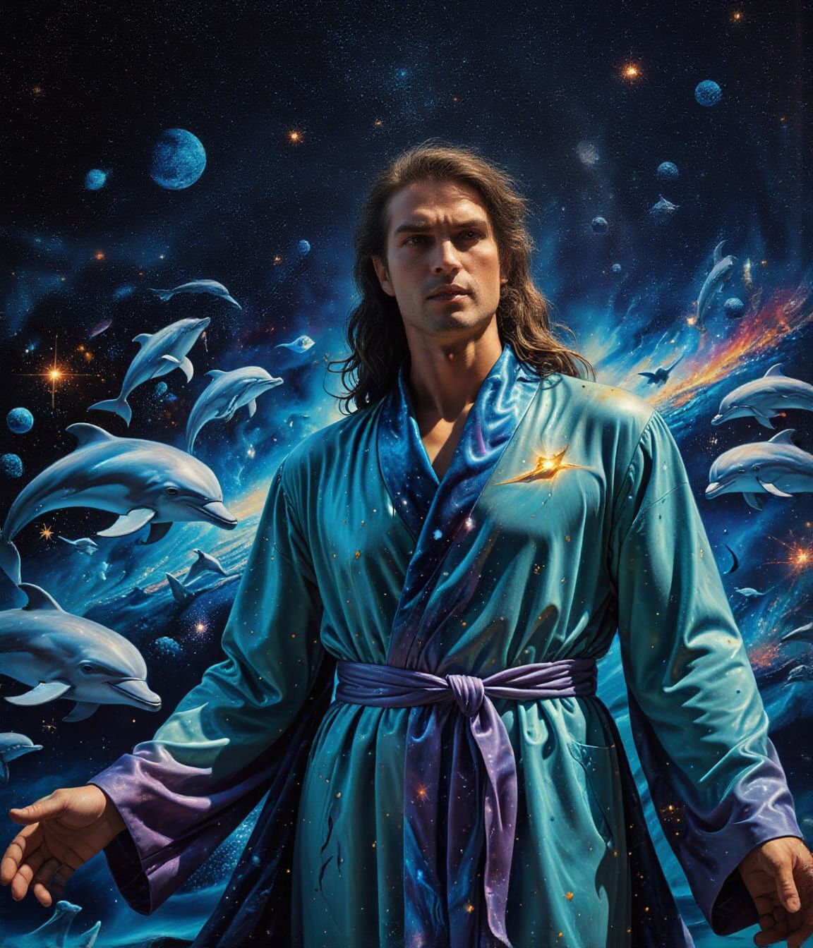 Ethereal Figure in Space with Light Dolphins