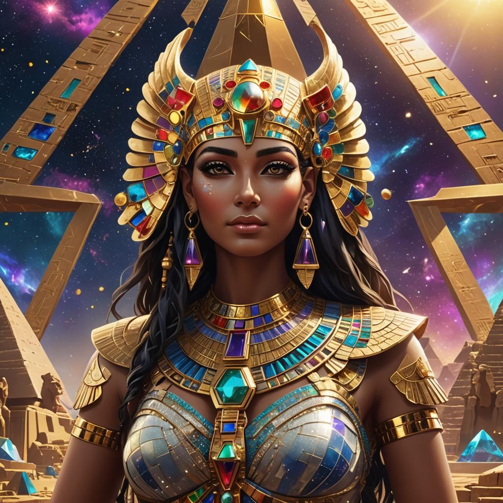 Winged Egyptian Goddess with Golden Sphinxes