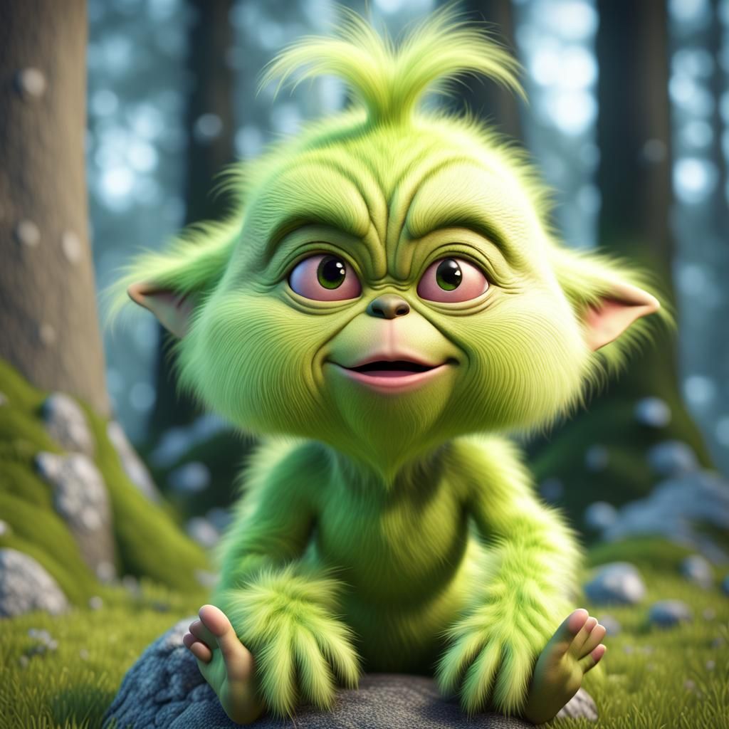 Adorable Fluffy Baby Grinch in Dreamy Forest