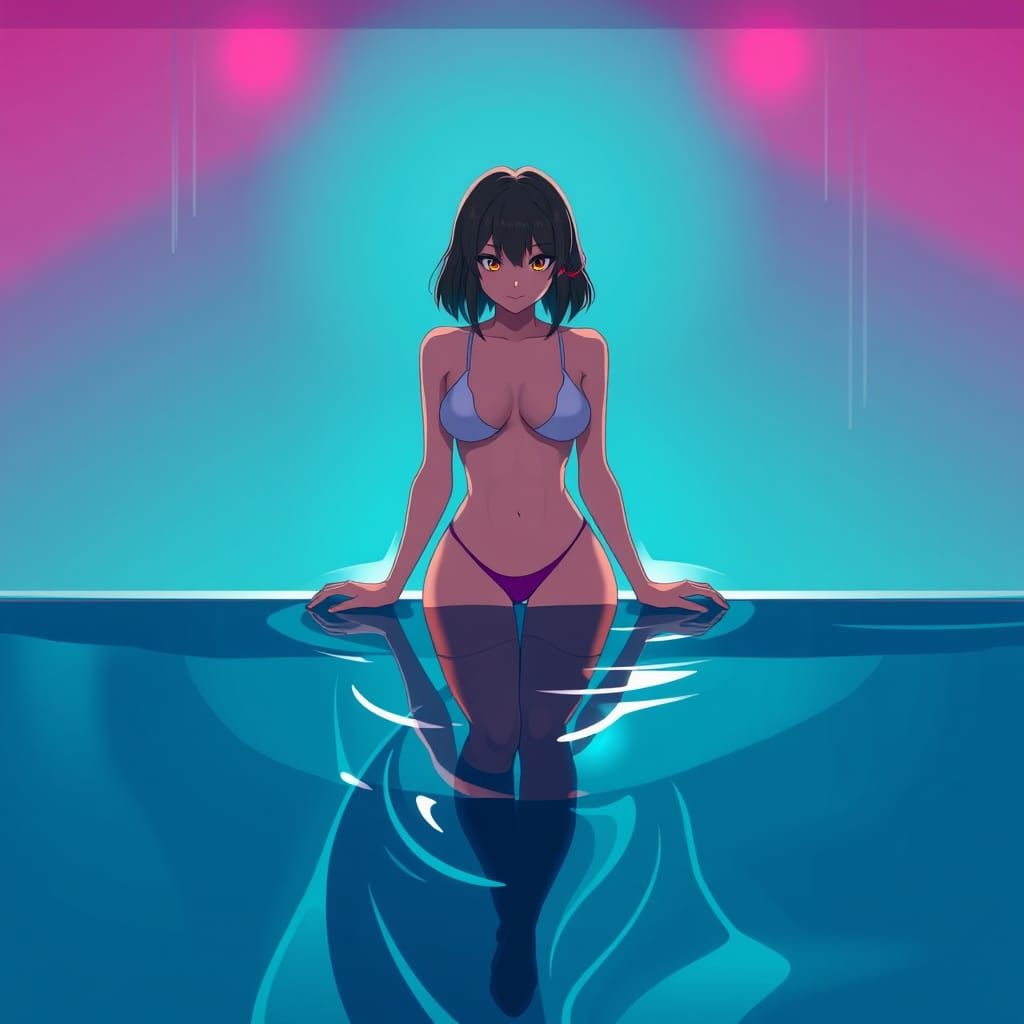 Sleek Figure in High-Contrast Swimming Pool Scene, Manga-Ins...