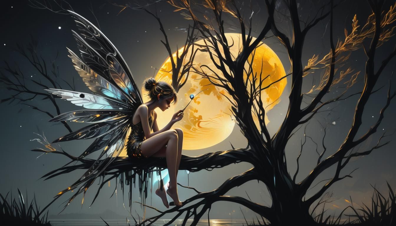 Fairy with Glitch Wings in Surreal Sci-Fi Nightscape