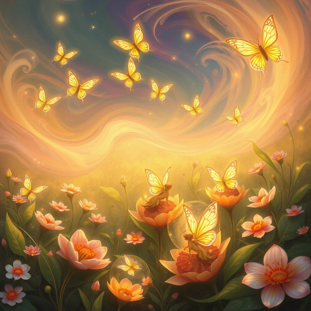 Ethereal Fantasy Landscape with Luminescent Butterflies