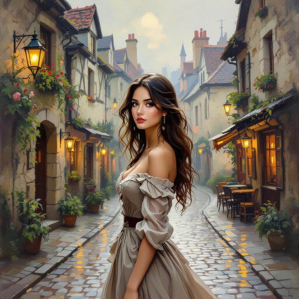 Woman on Cobblestone Street in Impressionist Style