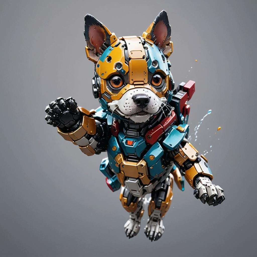 Hyperrealistic Mecha Dog in Hand, Splash Art