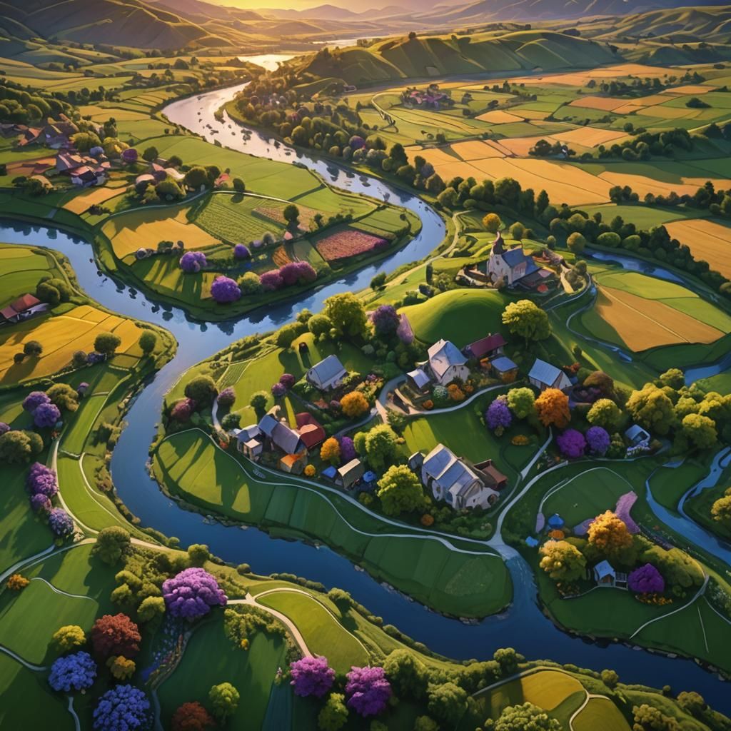 Lush Farm at Sunset: Aerial Matte Painting