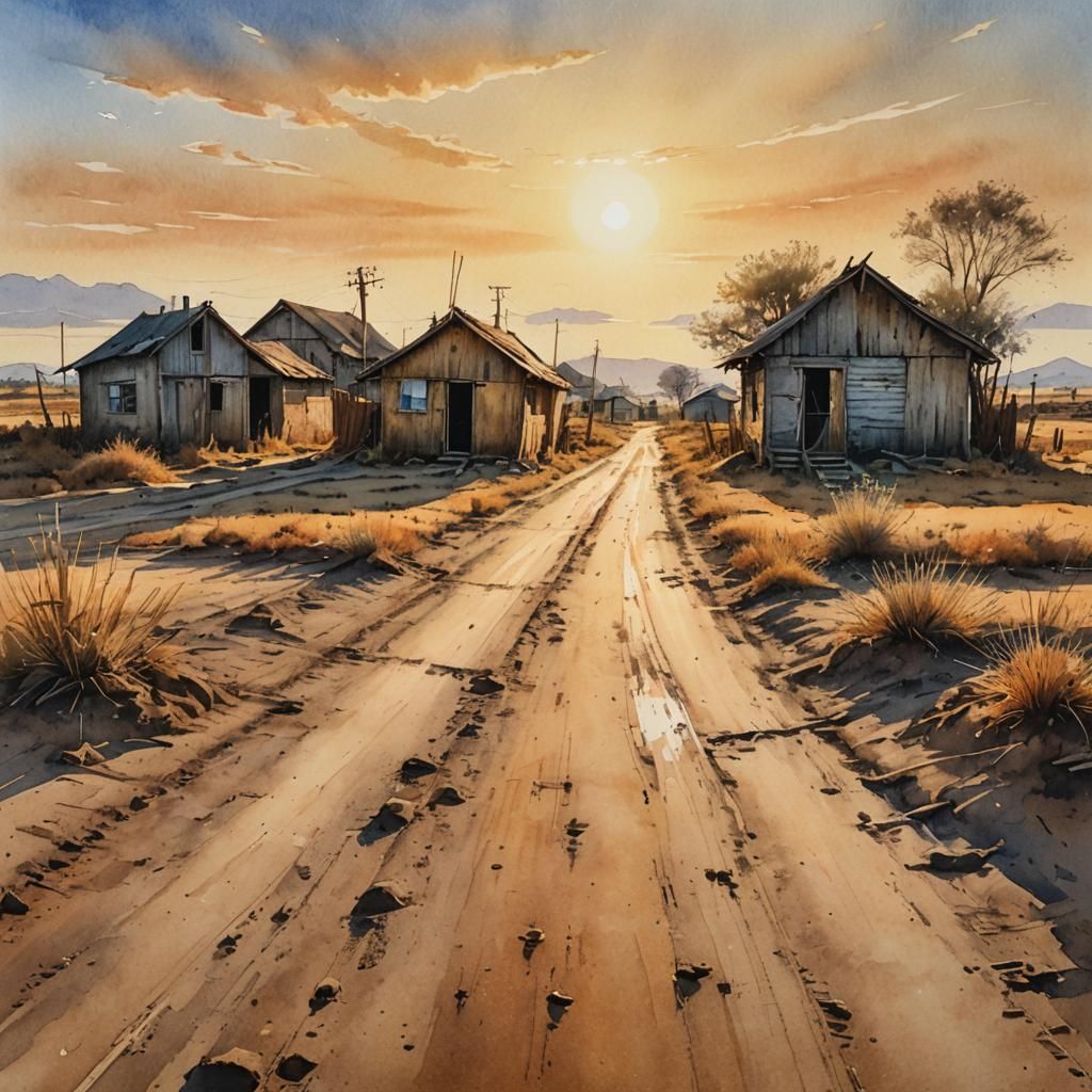 Golden Hour Watercolor Painting of a Desolate Field