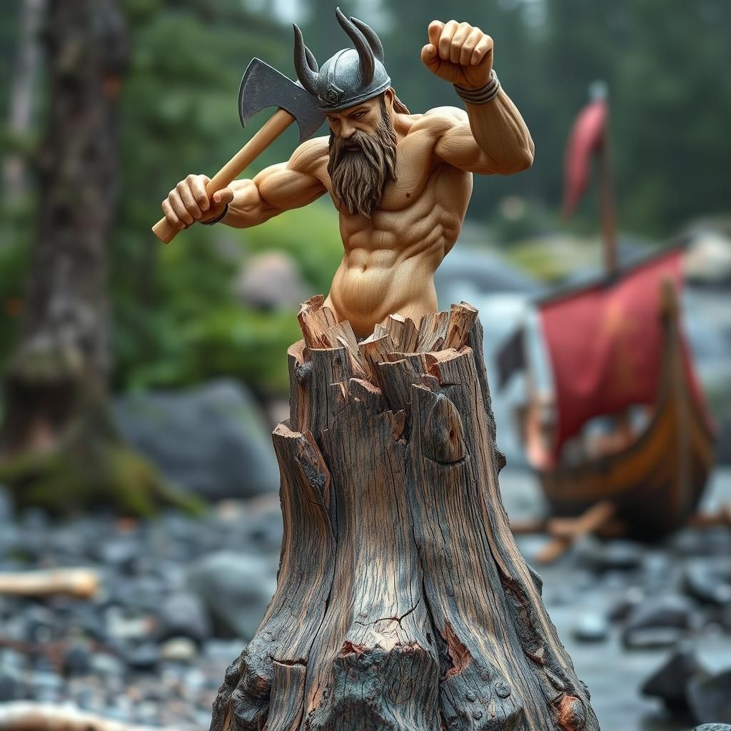 Viking Wood Sculpture: Self-Destruction in 8K