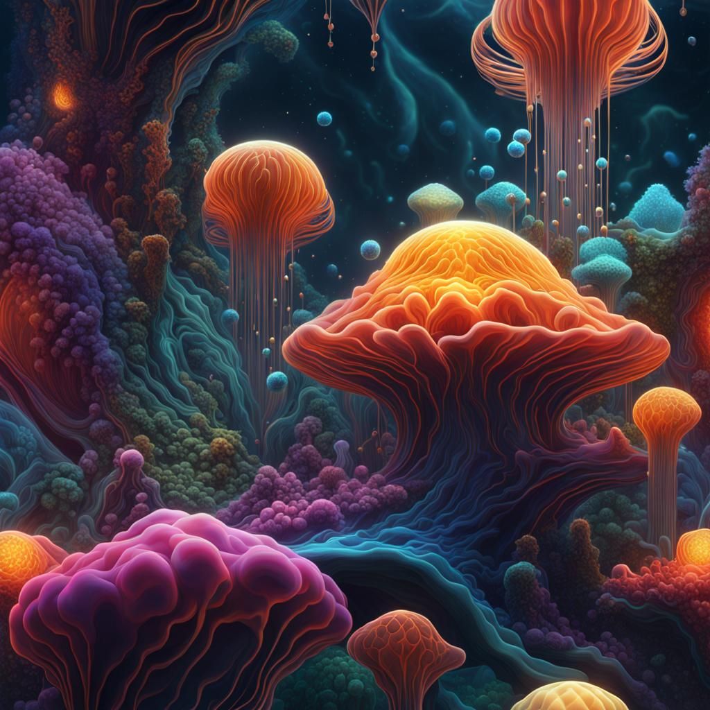 Cosmic Microscopic Waterfall with Amoebas in Astral Style