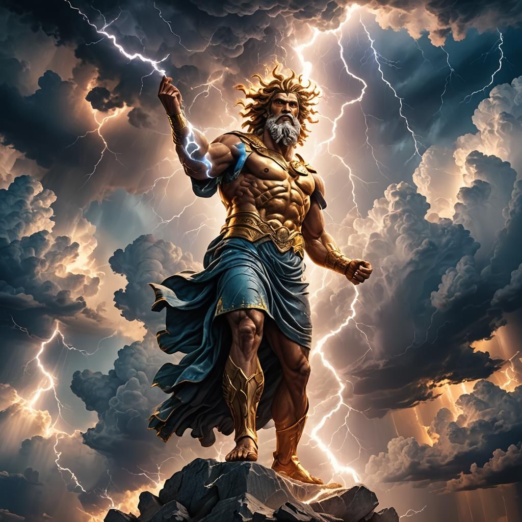 Zeus in Thunderclouds: Digital Art in Ash Thorp Style