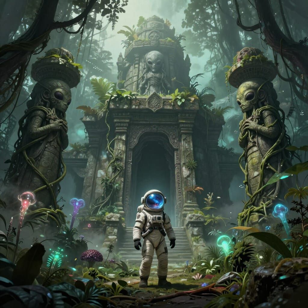Astronaut Explores Overgrown Temple on Alien Jungle Planet