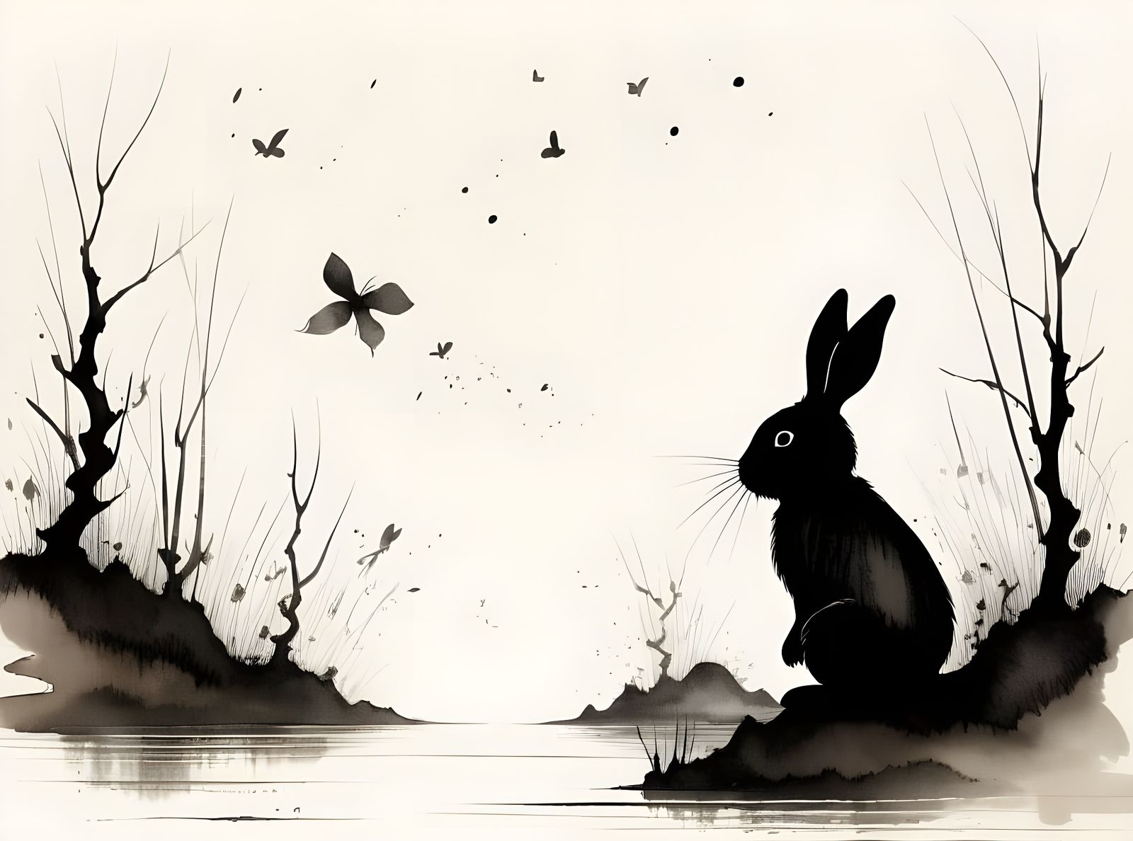Minimalist Sumi-e Bunny Rabbit in Warm Tones