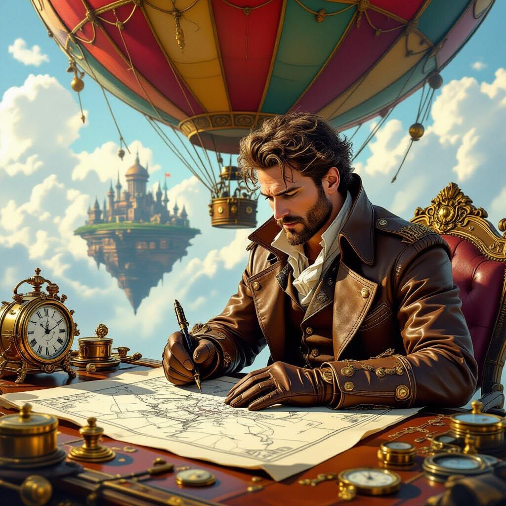 Steampunk Cartographer Maps a Floating Island