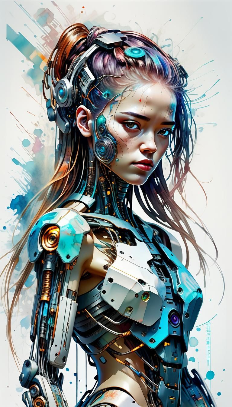 Cyberpunk Cyborg Woman in Digital Watercolor Style