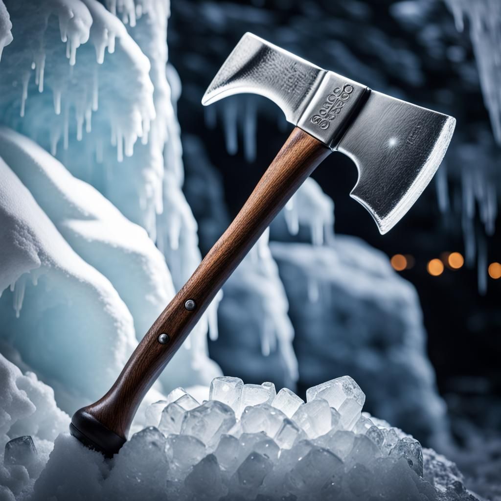 Icy Hatchet in Snowy Cave: Hyperrealistic Photography