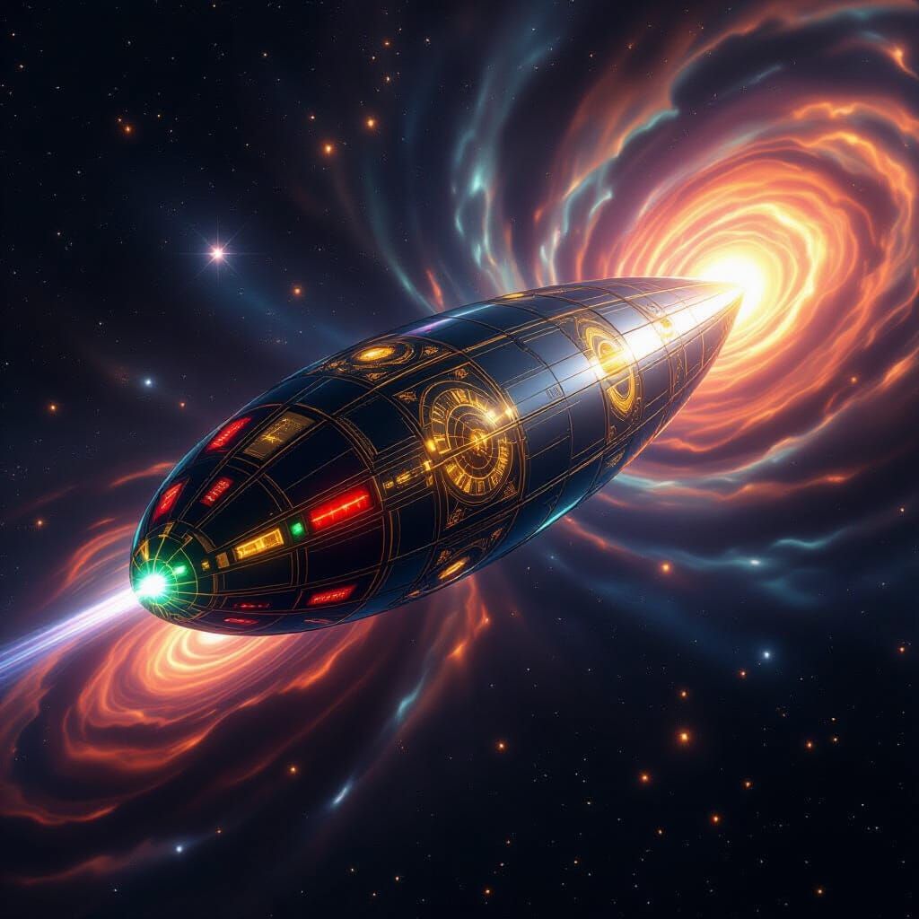 Worldship Navigates Nebula in Klimt-Inspired Style