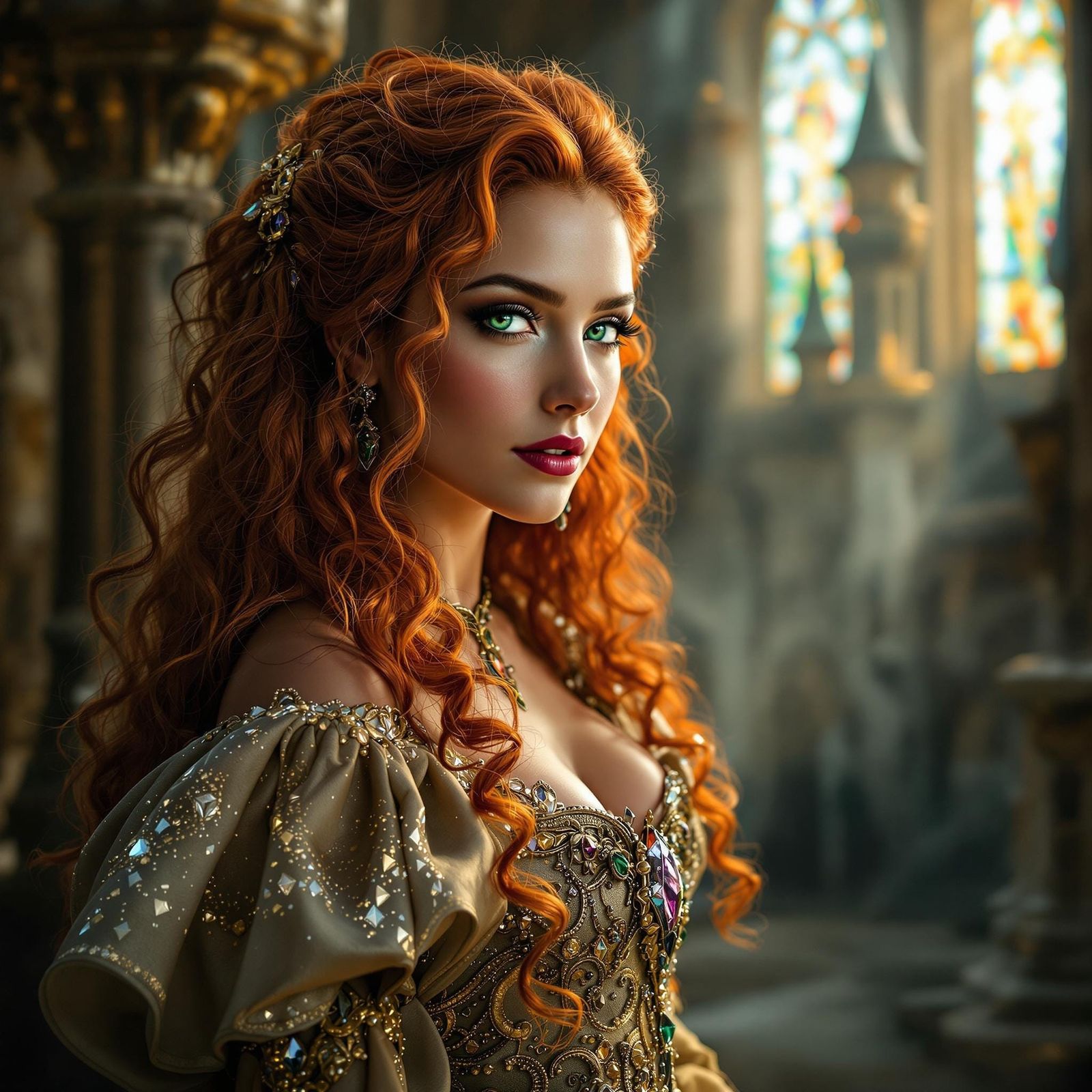 Ethereal Medieval Queen in Dreamlike Castle