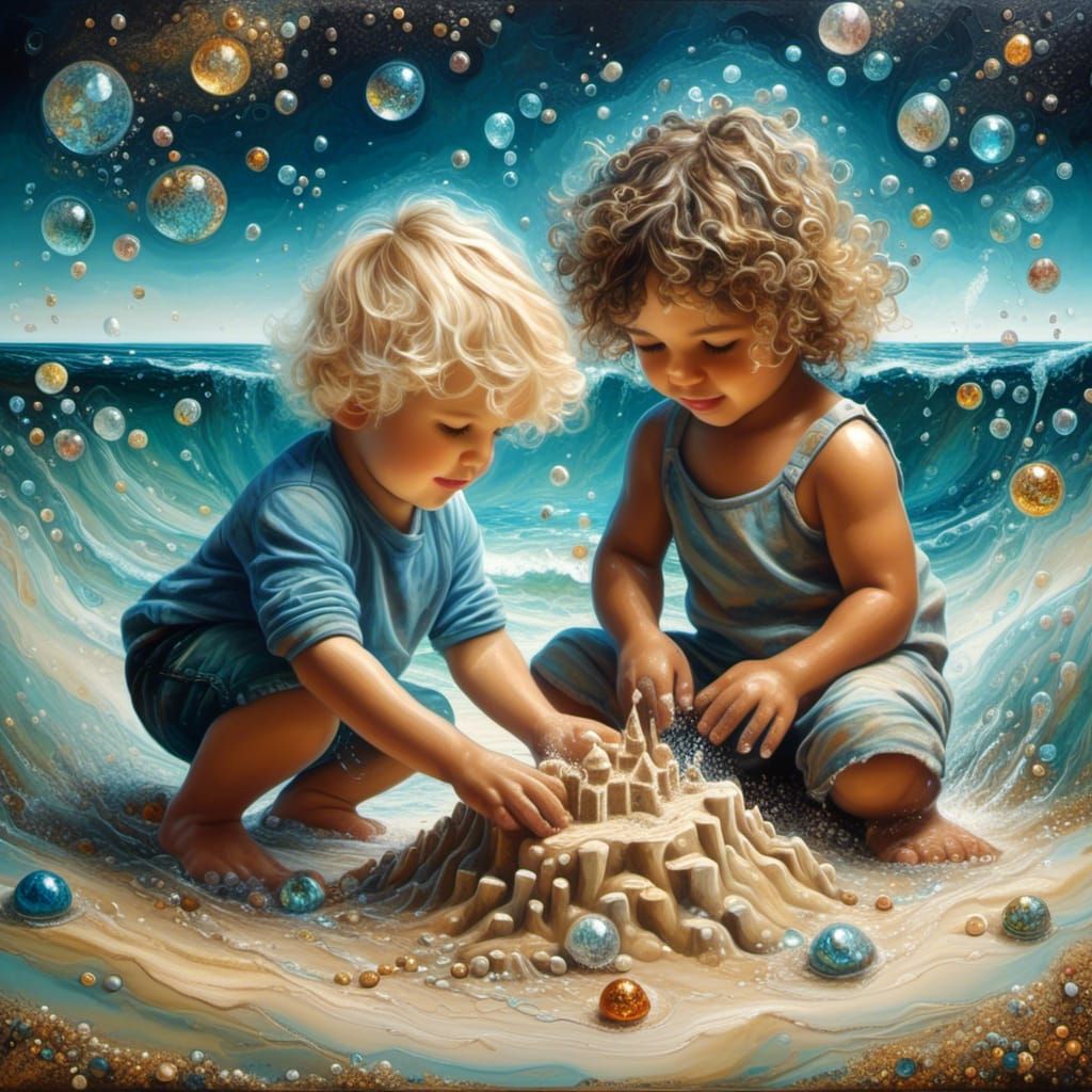 Toddler Boys Building Sandcastle on Sparkling Beach