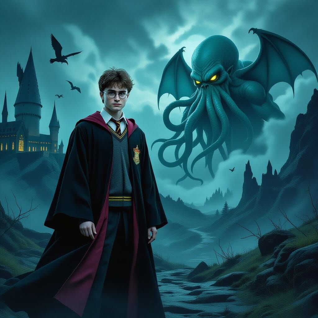 Harry Potter and Cthulhu in Gothic Landscape