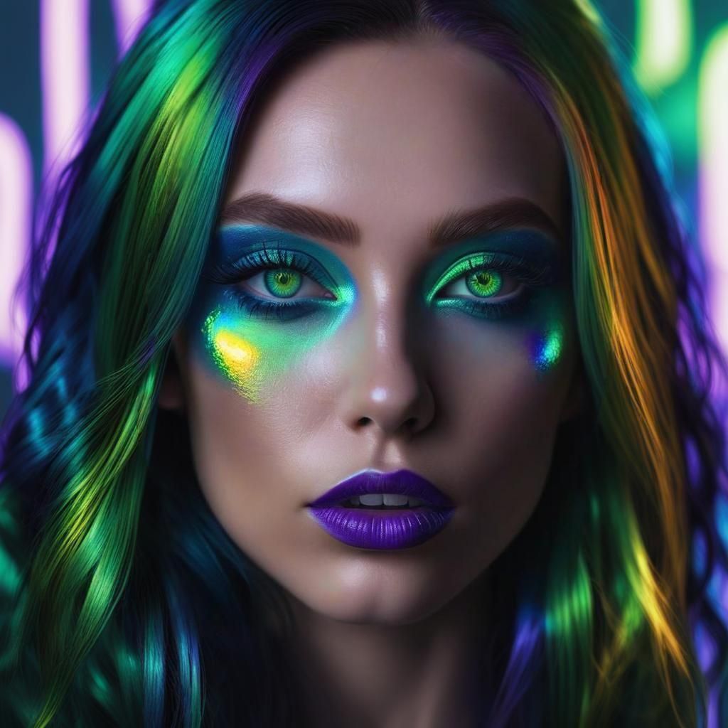 Beautiful young lady with Oil slick hair with iridescent col...
