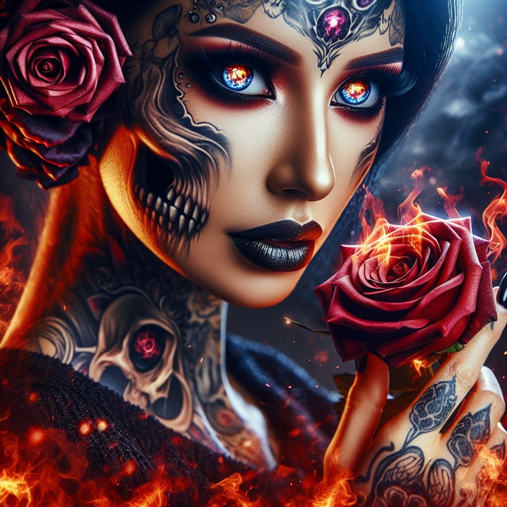 Tattooed Woman with Rose and Glowing Eyes