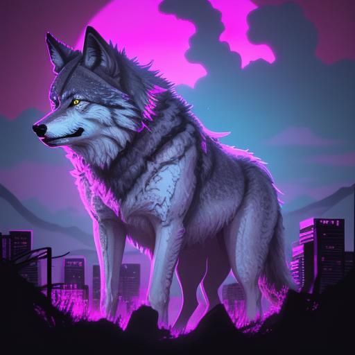 Wolves in Synthwave Neon Retro Style