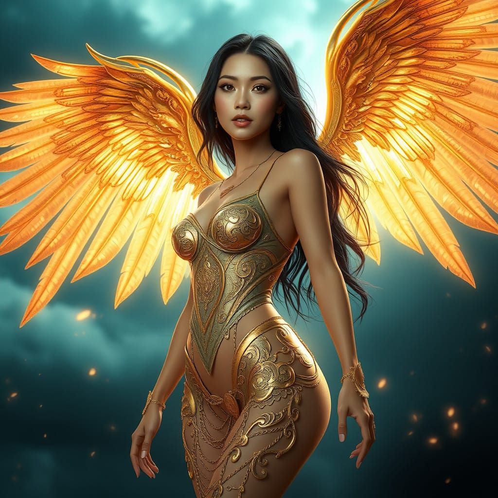 Ethereal Thai Angel with Golden Armor and Wings
