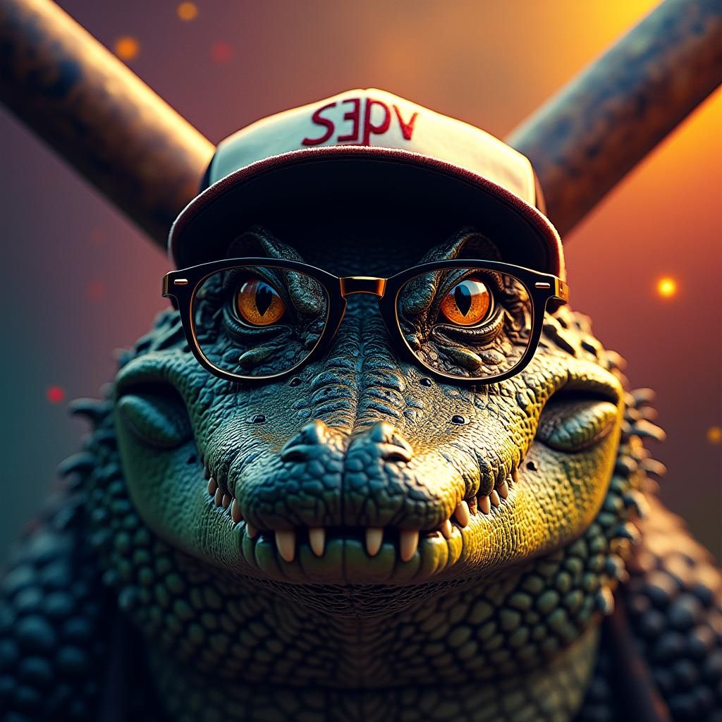 Rosto de um Jacaré de óculos  e boné  com taco de basebol e ...