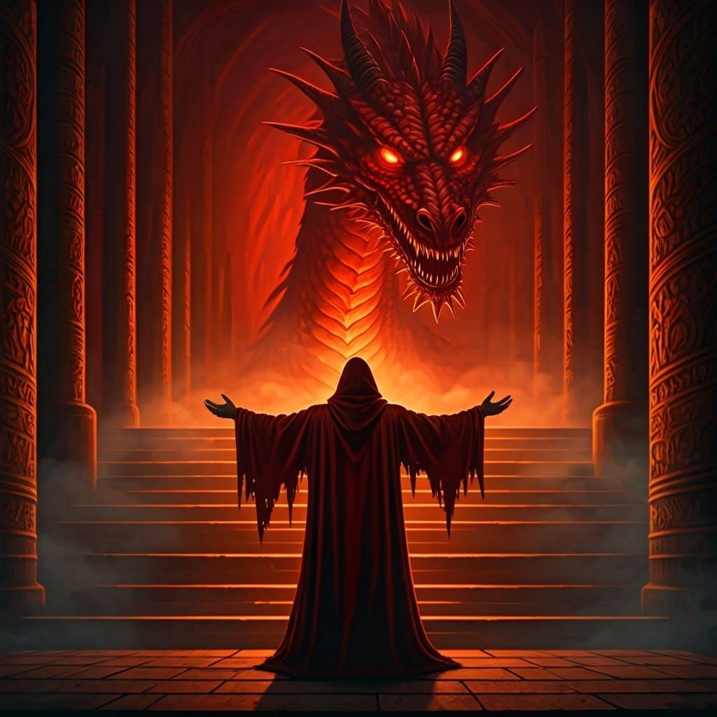 Cult Follower Worships Red Dragon God