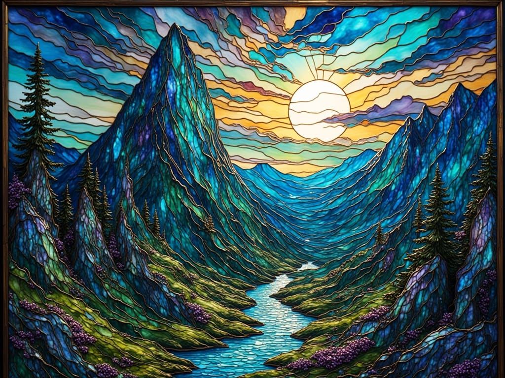 Stained glass fantasy mountain