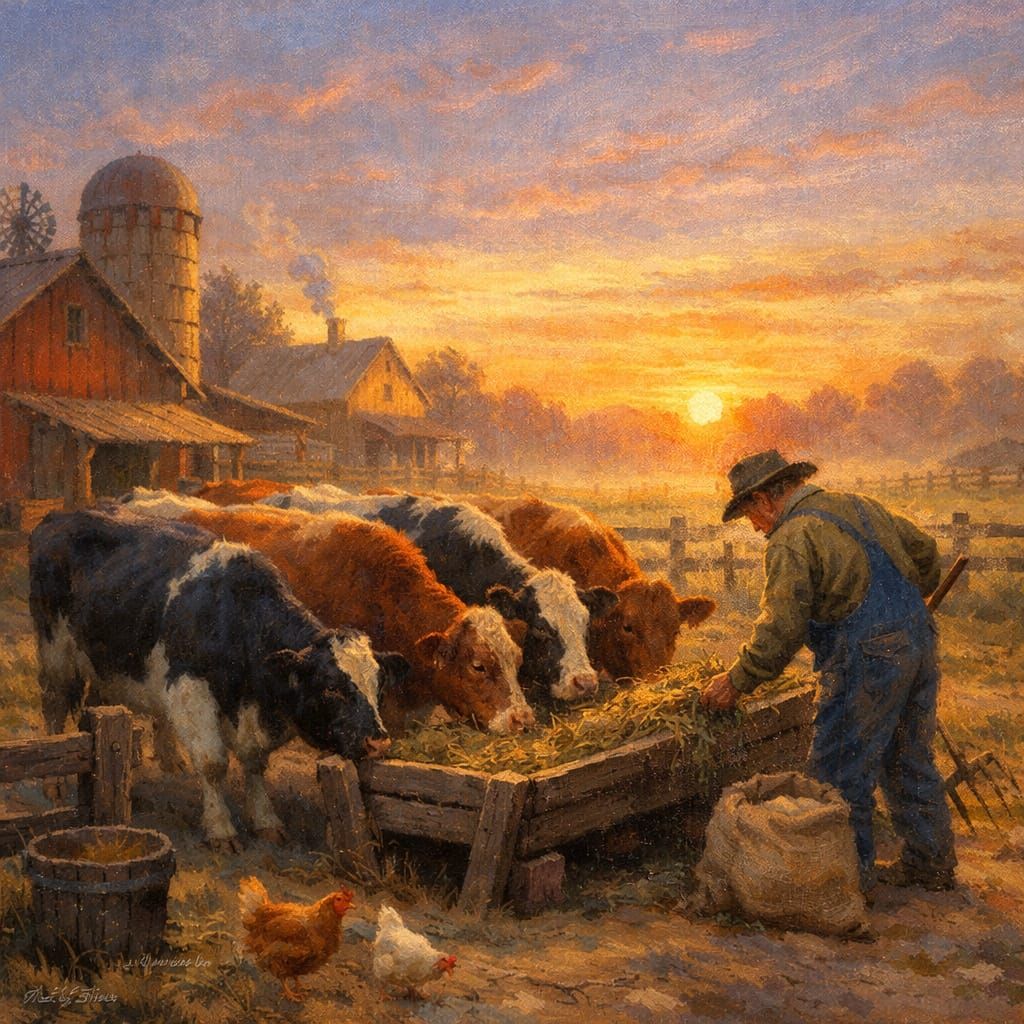 Farm at Daybreak Farmer Feeding Cows Painterly Realism