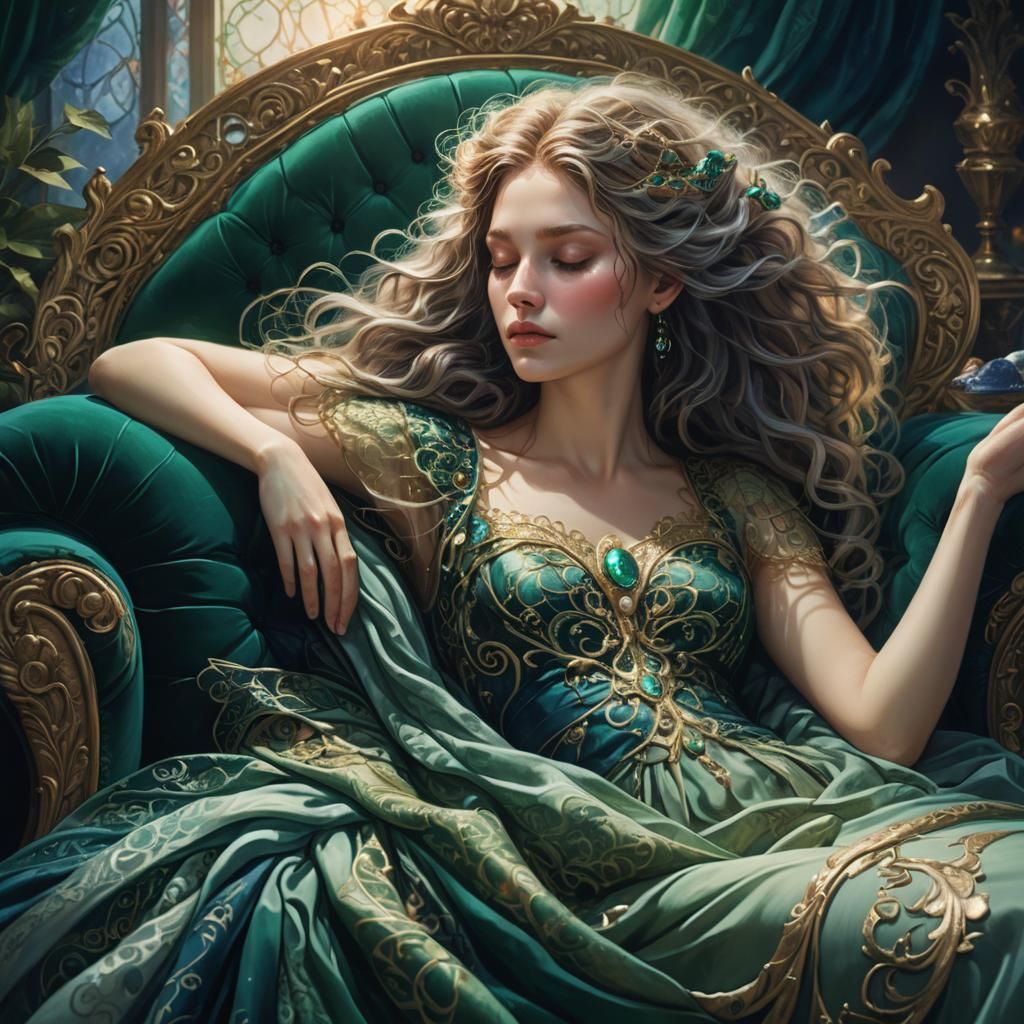 Dreamlike Portrait of Sleeping Woman in Art Nouveau Style