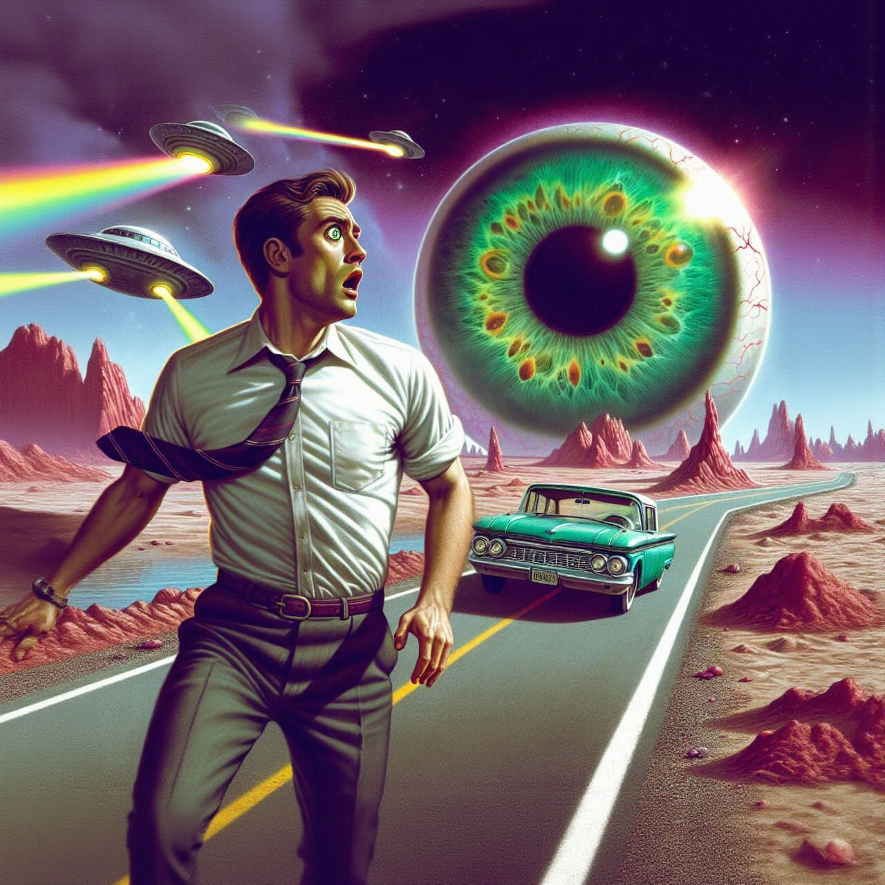 Man Runs From Giant Eye in Sci-Fi Landscape