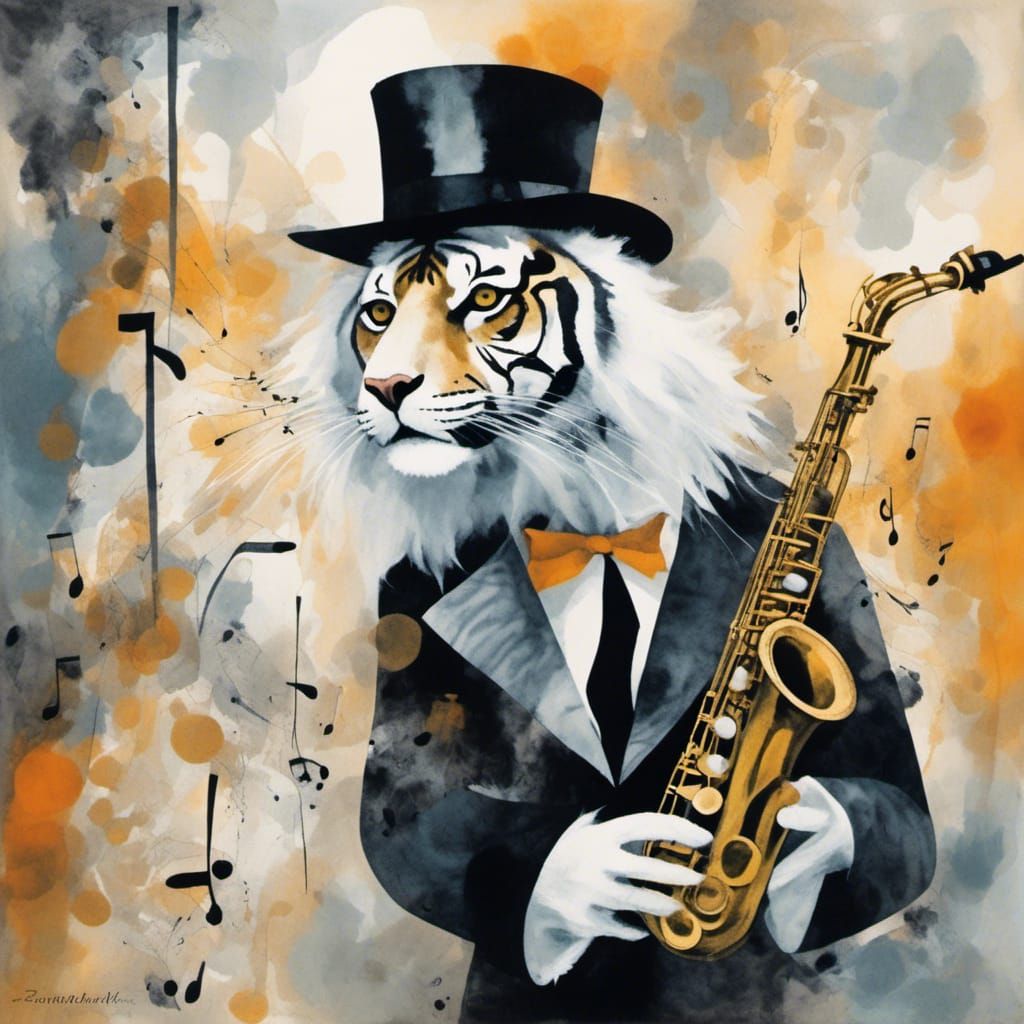 <lora:Photogram 222:1.0> Surrealistic jazz scene. Close-up shot. A tiger  wearing a zootsuit and fedora with iridescent ...