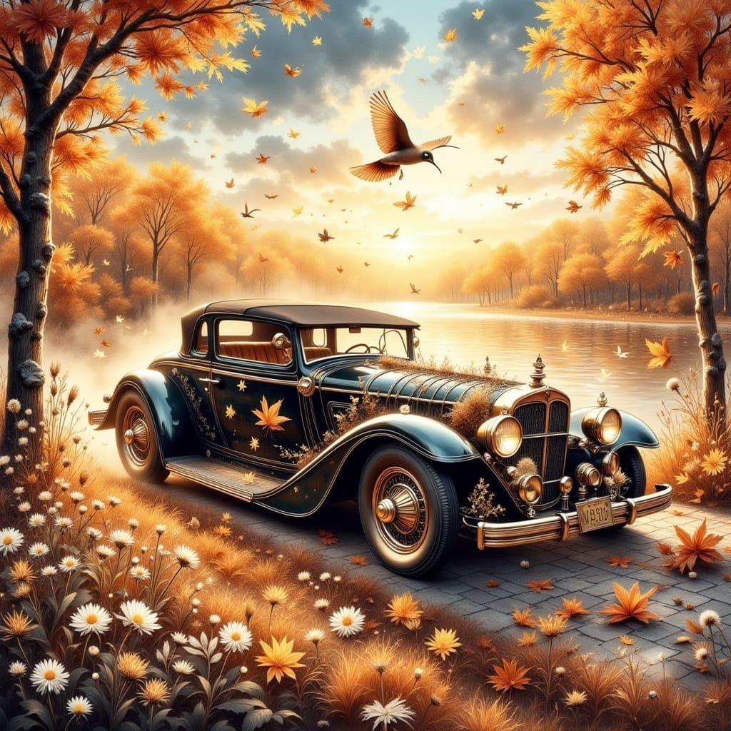 Steampunk Autumn Car with Ornate Filigree in Vivid Colors