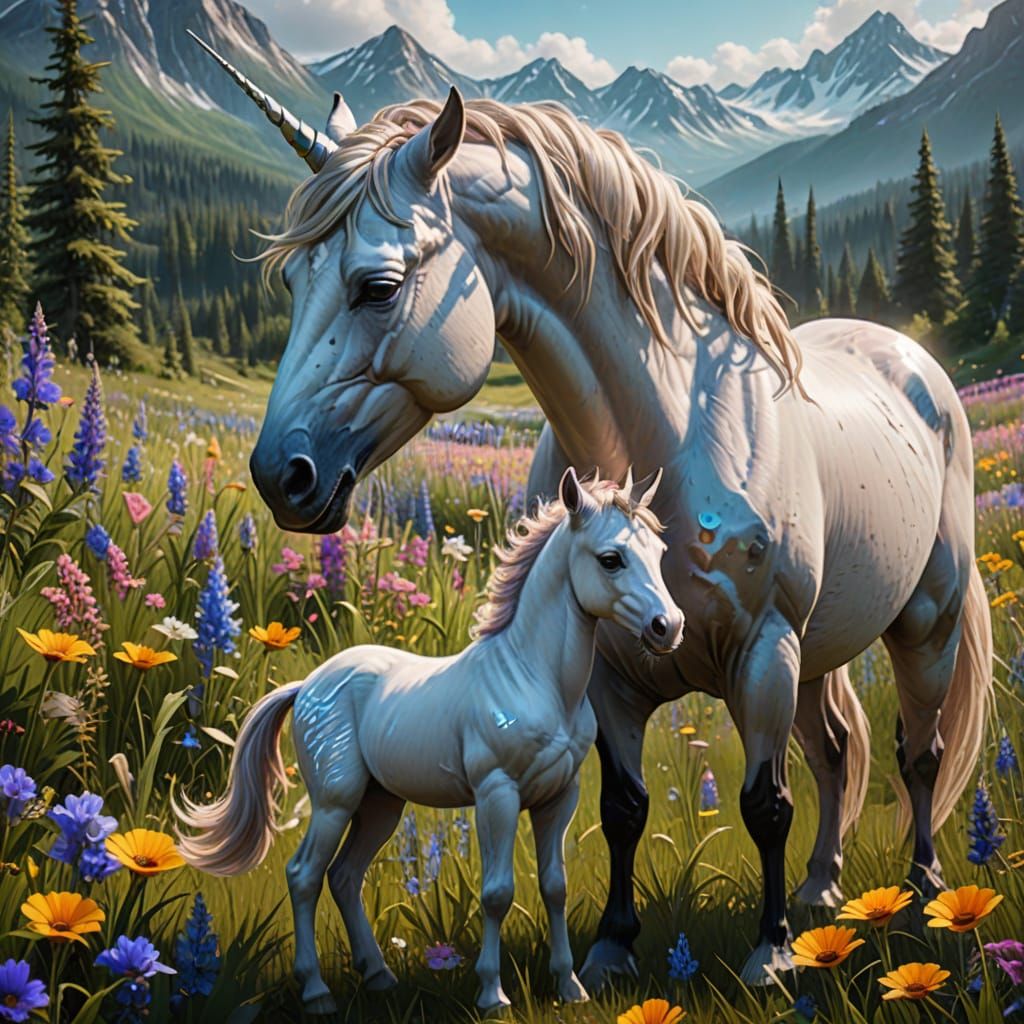 Mother Unicorn Nuzzles Foal in Vibrant Wildflower Field