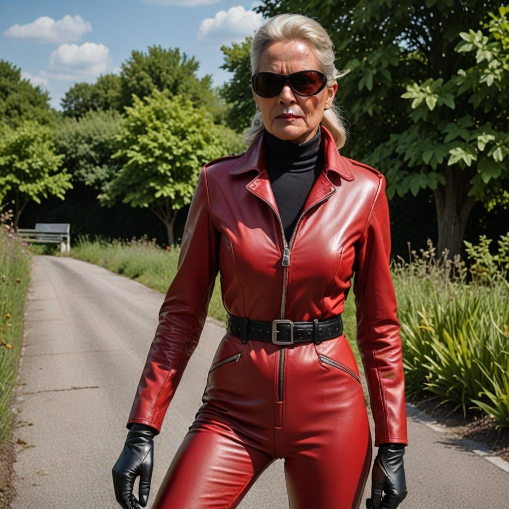 Leather-Clad Woman Firing a Gun, Low Angle View